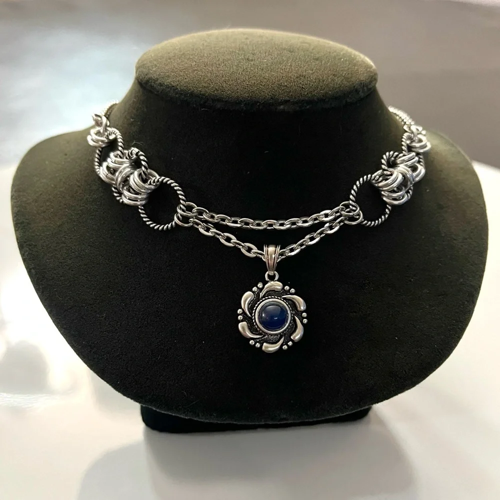 925 sterling silver blue kyanite stone charm on stainless steel maille choker - Picture 9 of 16